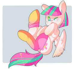 Size: 800x740 | Tagged: safe, artist:mannequins, blossomforth, pegasus, pony, g4, clothes, cute, dock, female, sock, solo, stockings, tail, wings