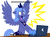 Size: 800x587 | Tagged: safe, artist:cartoonlion, edit, princess luna, alicorn, pony, g4, computer, crown, dialogue, female, horseshoes, image macro, internet, jewelry, laptop computer, mare, open mouth, regalia, s1 luna, screaming, shocked, simple background, solo, spread wings, table, text, white background, wings