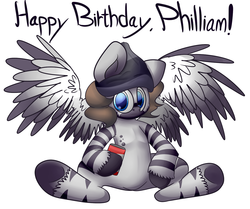 Size: 1280x1068 | Tagged: safe, artist:extradan, oc, oc only, pegasus, pony, can, happy birthday, hat, philliam