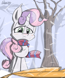 Size: 1000x1200 | Tagged: dead source, safe, artist:slitherpon, scootaloo, sweetie belle, g4, clothes, feather, female, scarf, snow, snowfall, solo, winter