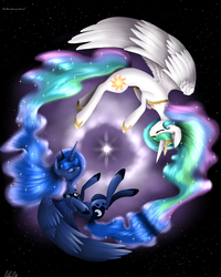 Size: 3146x3929 | Tagged: safe, artist:kitsunehino, princess celestia, princess luna, g4, contrast, space, stars