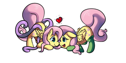 Size: 1600x800 | Tagged: safe, artist:flailingandflailing, fluttershy, pegasus, pony, g4, clothes, cult leader fluttershy, duality, duo, female, heart, looking at each other, looking at someone, mare, self ponidox, selfcest, shipping, socks, tentacles