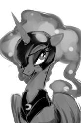 Size: 685x1040 | Tagged: safe, artist:hentman, nightmare moon, g4, bedroom eyes, blushing, female, grayscale, looking at you, monochrome, smiling, solo