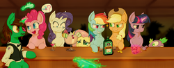 Size: 4200x1650 | Tagged: safe, artist:havikm66, applejack, fluttershy, pinkie pie, rainbow dash, rarity, spike, twilight sparkle, oc, parasprite, g4, alcohol, bar, bartender, bits, bottle, clothes, drink, glass, glowing horn, horn, leaning, looking at each other, magic, mane six, open mouth, smiling, telekinesis