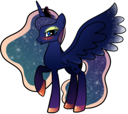 Size: 900x804 | Tagged: safe, artist:zombiecollie, princess luna, ask lusty luna, g4, bedroom eyes, blushing, eyeshadow, female, looking at you, lusty luna, missing accessory, open mouth, raised hoof, simple background, smiling, solo, spread wings