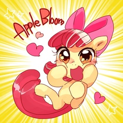 Size: 540x540 | Tagged: safe, artist:pasikon, apple bloom, earth pony, pony, g4, adorabloom, blushing, bow, cute, female, filly, hair bow, happy, heart, looking at you, open mouth, pixiv, smiling, solo, squishy cheeks