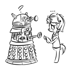 Size: 556x539 | Tagged: safe, artist:lilliesinthegarden, doctor whooves, time turner, pony, g4, ..., :t, bipedal, bow, dalek, doctor who, nurse, nurse turner, question mark, request, stethoscope