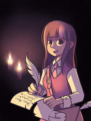 Size: 1050x1400 | Tagged: safe, artist:karzahnii, twilight sparkle, human, g4, bag, candle, clothes, female, happy, humanized, necktie, open mouth, open smile, quill, scroll, smiling, solo, vest, writing