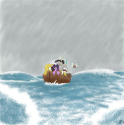 Size: 2000x2015 | Tagged: safe, artist:maddog10-20, discord, twilight sparkle, parasprite, g4, boat, life of pi, ocean, parody, rain, water