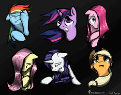 Size: 1280x1003 | Tagged: safe, artist:tetrapony, applejack, fluttershy, pinkie pie, rainbow dash, rarity, twilight sparkle, g4, black background, bust, crying, crying fluttershy, crylight sparkle, eyes closed, floppy ears, fluttercry, gritted teeth, hair over one eye, male, mane six, messy mane, open mouth, pinkie cry, portrait, sad, sadbow dash, sadjack, simple background, wide eyes, windswept mane