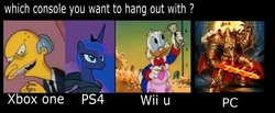 Size: 1446x598 | Tagged: safe, princess luna, g4, comparison trolling, console wars, glorious master race, god-emperor of mankind, male, montgomery burns, pc, pc master race, playstation 4, scrooge mcduck, the simpsons, warhammer (game), warhammer 40k, wii u, xbox one