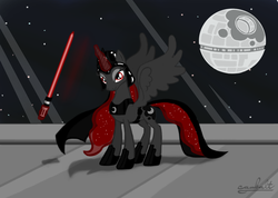 Size: 1100x785 | Tagged: safe, artist:cambalt, princess luna, alicorn, pony, g4, crossover, death star, energy weapon, female, glowing horn, hooves, horn, lightsaber, magic, mare, solo, spread wings, star wars, weapon, wings