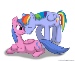 Size: 1000x823 | Tagged: safe, artist:9centschange, firefly, rainbow blaze, g1, g4, cute, female, flyabetes, male, nuzzling, parent, pregnant, ship:fireblaze, shipping, smiling, straight, wink