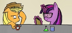 Size: 1080x500 | Tagged: safe, applejack, twilight sparkle, g4, beaker, chemicals, clipboard, magic, safety goggles, science