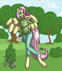Size: 2000x2309 | Tagged: safe, artist:devorer, fluttershy, butterfly, anthro, g4, clothes, female, solo, sweater, sweatershy
