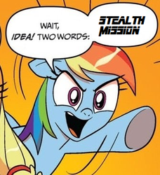 Size: 334x366 | Tagged: safe, applejack, rainbow dash, g4, comic, exploitable meme, meme, metal gear, two words meme