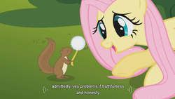 Size: 854x480 | Tagged: safe, screencap, fluttershy, squirrel, g4, swarm of the century, dandelion, youtube caption