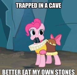 Size: 500x486 | Tagged: safe, edit, edited screencap, screencap, chancellor puddinghead, pinkie pie, g4, hearth's warming eve (episode), bear grylls, cute, diapinkes, eating, hearth's warming eve, image macro, mouth hold, pica, rock, stone