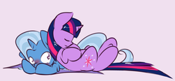 Size: 1408x655 | Tagged: safe, artist:kryptchild, trixie, twilight sparkle, pony, unicorn, g4, blushing, cuddling, cute, eyes closed, female, lesbian, mare, on back, pony pillow, prone, request, ship:twixie, shipping, simple background, sleeping, smiling, snuggling, underhoof, unicorn twilight, white background, wide eyes