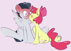 Size: 1304x933 | Tagged: safe, artist:kryptchild, apple bloom, rumble, earth pony, pegasus, pony, g4, blushing, cute, cutie mark, earring, female, horseshoes, kiss on the lips, kissing, male, older, request, rumbloom, shipping, straight, wingboner
