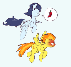 Size: 1349x1271 | Tagged: safe, artist:kryptchild, soarin', spitfire, pegasus, pony, g4, blushing, female, flying, food, male, mare, pepper, red peppers, request, ship:soarinfire, shipping, stallion, straight