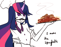 Size: 1126x876 | Tagged: safe, artist:ghost, twilight sparkle, human, g4, chef, chef's hat, food, hat, horn, horned humanization, humanized, moustache, spaghetti