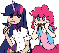Size: 1038x934 | Tagged: safe, artist:ghost, pinkie pie, twilight sparkle, human, g4, blushing, cake, chef, eating, female, food, horn, horned humanization, humanized, lesbian, ship:twinkie, shipping