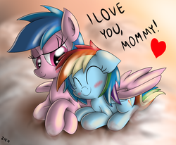 Size: 1247x1027 | Tagged: safe, artist:ziemniax, firefly, rainbow dash, pegasus, pony, g1, g4, blushing, duo, female, filly, firefly as rainbow dash's mom, foal, g1 to g4, generation leap, heart, hug, mare, mother, mother and daughter, winghug