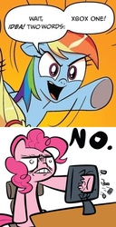 Size: 334x654 | Tagged: safe, pinkie pie, rainbow dash, g4, comic, computer, exploitable meme, meme, microsoft, no, reaction image, two words meme, xbox, xbox one