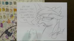 Size: 1023x577 | Tagged: safe, artist:andy price, idw, princess luna, g4, cider, drunk, drunk luna, female, monochrome, solo, speech bubble, traditional art