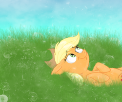 Size: 1800x1500 | Tagged: safe, artist:estela96, applejack, g4, dandelion, female, on back, solo