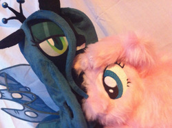 Size: 1280x956 | Tagged: safe, artist:makeitsew, artist:ponyplush, queen chrysalis, oc, oc:fluffle puff, g4, chrysalis plushie, fluffle puff plushie, irl, photo, plushie