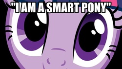 Size: 900x506 | Tagged: safe, twilight sparkle, g4, all caps, black background, bronybait, bust, caption, close-up, english, eye, eyes, hypnosis, image macro, looking at you, portrait, simple background, smiling, text