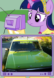 Size: 564x800 | Tagged: safe, twilight sparkle, alicorn, pony, g4, car, exploitable meme, female, ford, mare, shrek, tv meme, twilight sparkle (alicorn)