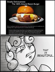 Size: 537x700 | Tagged: safe, sweetie belle, g4, bacon, burger, cheeseburger, exploitable meme, food, hamburger, meme, that is beautiful, what has science done