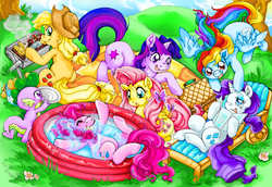 Size: 2500x1721 | Tagged: safe, artist:agenthisui, applejack, fluttershy, pinkie pie, rainbow dash, rarity, spike, twilight sparkle, butterfly, dragon, earth pony, pegasus, pony, unicorn, :o, :p, :t, barbeque, basket, blowing bubbles, cooking, corn, cute, ear fluff, female, flower, flying, food, grass, grill, hoof hold, lidded eyes, looking back, male, mane seven, mane six, mare, on back, open mouth, outdoors, picnic, picnic basket, picnic blanket, pinkie being pinkie, plate, silly, sitting, smiling, splashing, spread wings, summer, swimming pool, tongue out, underhoof, underwater, unicorn twilight, water, wide eyes, wing fluff, wings