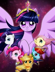 Size: 2880x3724 | Tagged: safe, artist:princesssilverglow, applejack, fluttershy, pinkie pie, rainbow dash, rarity, twilight sparkle, alicorn, pony, g4, elements of harmony, female, mane six, mare, twilight sparkle (alicorn)