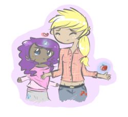 Size: 738x674 | Tagged: safe, artist:globbless, applejack, rarity, human, g4, apple, heart, humanized, magic, ship:rarijack, shipping