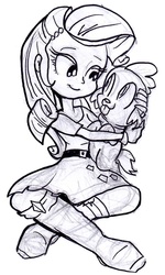 Size: 525x876 | Tagged: safe, artist:jowyb, rarity, spike, dog, equestria girls, g4, boots, bracelet, clothes, high heel boots, jewelry, monochrome, skirt, spike the dog