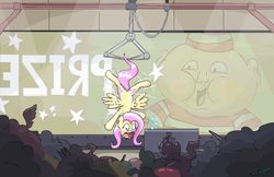 Size: 2083x1351 | Tagged: safe, artist:scrimpeh, fluttershy, human, pegasus, pony, g4, adorable distress, claw machine, cute, female, flailing, game, hanging, mare, micro, scared, screaming, shyabetes, spread wings, struggling, sweat, tail, tail pull, toy, upside down, wide eyes, wings