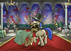 Size: 1316x938 | Tagged: safe, artist:paperpony, oc, oc only, clothes, cosmic spark, dancing, dress, formal, gala, hat, prom, stained glass, suit, top hat