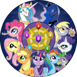 Size: 700x701 | Tagged: safe, artist:nikkiwardart, applejack, derpy hooves, fluttershy, pinkie pie, princess celestia, princess luna, rainbow dash, rarity, spike, twilight sparkle, pegasus, pony, g4, elements of harmony, female, mane seven, mane six, mare, muffin