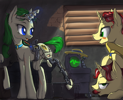 Size: 1024x836 | Tagged: safe, artist:madhotaru, flam, flim, oc, cyborg, g4, amputee, augmented, collar, flim flam brothers, prosthetics