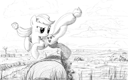 Size: 1280x800 | Tagged: safe, artist:adiwan, applejack, g4, female, jumping, looking back, monochrome, solo