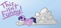 Size: 1900x900 | Tagged: safe, artist:oblivinite, twilight sparkle, alicorn, pony, g4, cloud, dialogue, eyes closed, female, fluffy, flying lesson, hug, mare, open mouth, prone, scared, solo, twilight sparkle (alicorn), yelling