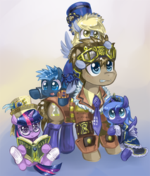 Size: 683x800 | Tagged: safe, artist:saturnspace, derpy hooves, doctor whooves, princess luna, star hunter, time turner, twilight sparkle, earth pony, pony, clockwise whooves, g4, :p, book, clockpunk, clothes, cute, derpy riding doctor whooves, dress, filly, glasses, goggles, gritted teeth, hat, hug, jack harkness, ponies riding ponies, ponified, pony hat, reading, riding, smiling, tongue out, woona, younger