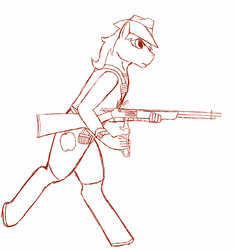 Size: 757x803 | Tagged: safe, artist:widjetarcs, braeburn, earth pony, anthro, g4, gun, handy gloves, lever action rifle, male, rifle, solo