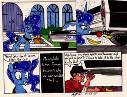 Size: 1688x1298 | Tagged: safe, artist:newyorkx3, princess luna, human, g4, apple, banana, car, comic, prank, self insert, traditional art