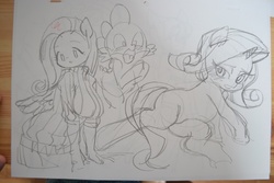 Size: 1280x853 | Tagged: safe, artist:aruurara, fluttershy, rarity, spike, anthro, g4, clothes, monochrome, sketch, sweater, sweatershy, traditional art