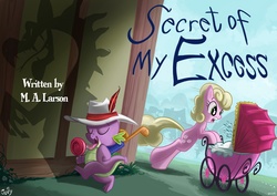Size: 3508x2480 | Tagged: safe, artist:jowyb, millie, spike, earth pony, pony, g4, secret of my excess, carriage, eyes closed, female, hat, lollipop, m.a. larson, mare, open mouth, pimp hat, shadow, spikezilla, title card